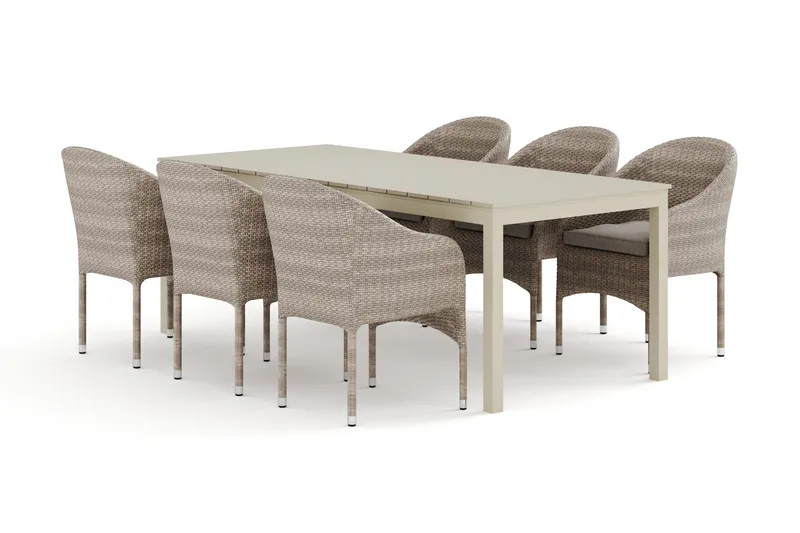Tunis udendørs spisegruppe med udtræk 205/305x90 cm med 6 Thor lænestole, Beige/Beige