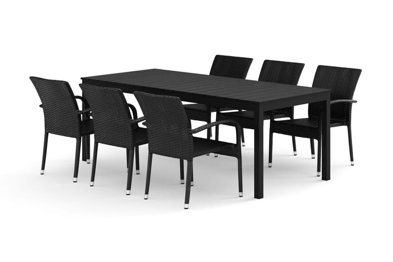 Tunis udendørs spisegruppe med udtræk 205/305x90 cm med 6 Thor Light udendørs lænestole, Sort/Sort