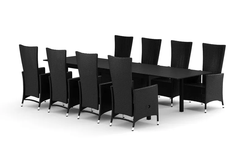 Tunis udendørs spisegruppe med udtræk 205/305x90 cm med 8 Jenny spisestole, Sort/Sort