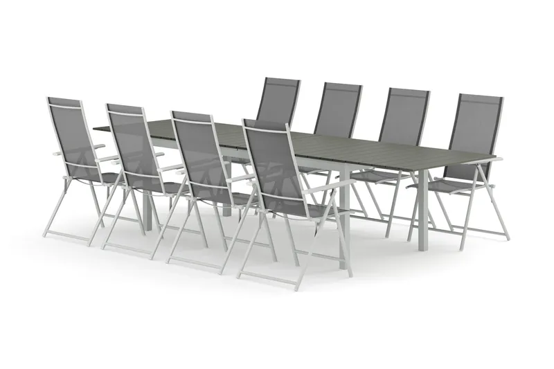 Tunis udendørs spisegruppe med udtræk 205/305x90 cm med 8 Sanna positionsstole - Hvid/Grå - Havemøbler - Udendørsgruppe - Havesæt