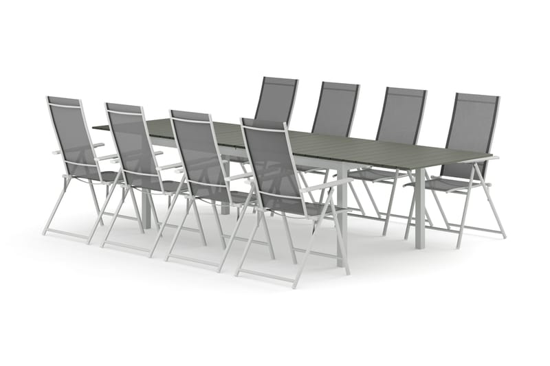 Tunis udendørs spisegruppe med udtræk 205/305x90 cm med 8 Sanna positionsstole, Hvid/Grå