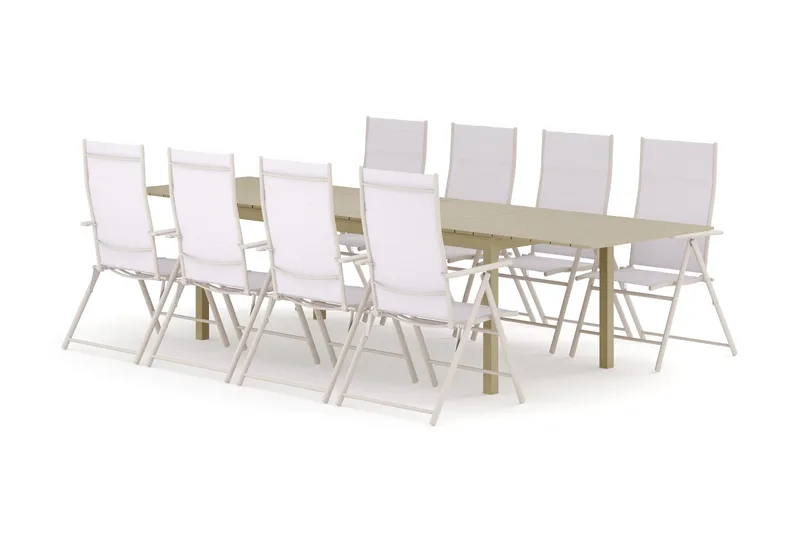 Tunis udendørs spisegruppe med udtræk 205/305x90 cm med 8 positionsstole, Beige/Beige