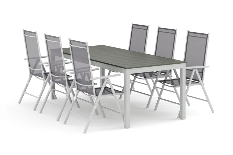 Tunis udendørs spisegruppe udtrækkelig 205/305x90 cm med 6 Maggie positionsstole - Hvid/Grå - Havemøbler - Udendørsgruppe - Havesæt
