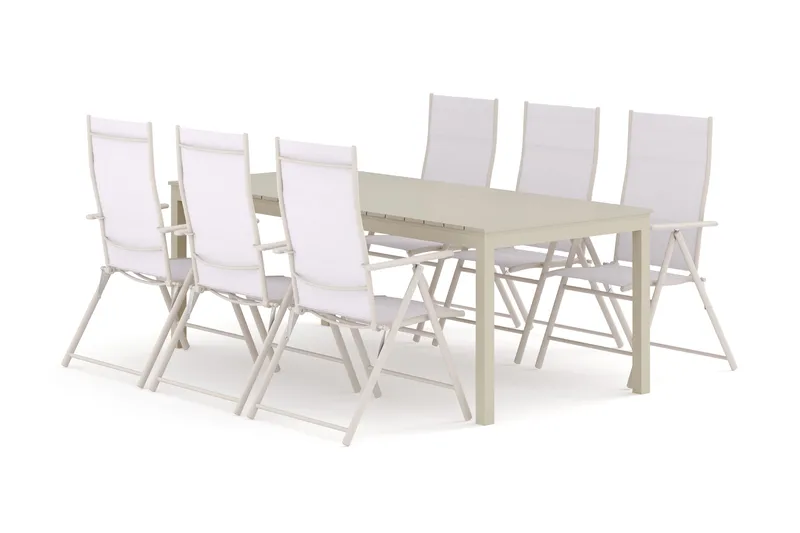 Tunis udendørs spisegruppe udtrækkelig 205/305x90 cm med 6 Sanna positionsstole, Beige/Beige