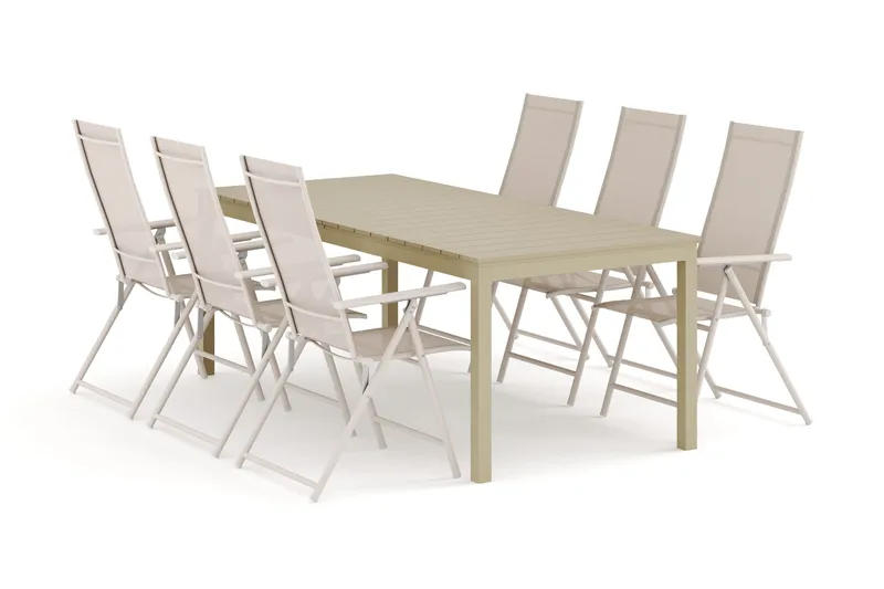 Tunis udendørs spisegruppe udtrækkelig 205/305x90 cm med 6 Sanna positionsstole, Beige/Beige