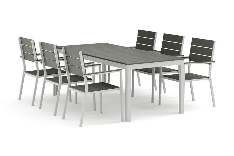 Tunis udendørs spisegruppe udtrækkelig 205/305x90 cm med 6 Tunis stabelstole, Hvid/Grå