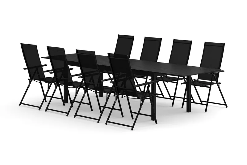 Tunis udendørs spisegruppe udtrækkelig 205/305x90 cm med 8 Sanna positionsstole, Sort/Sort