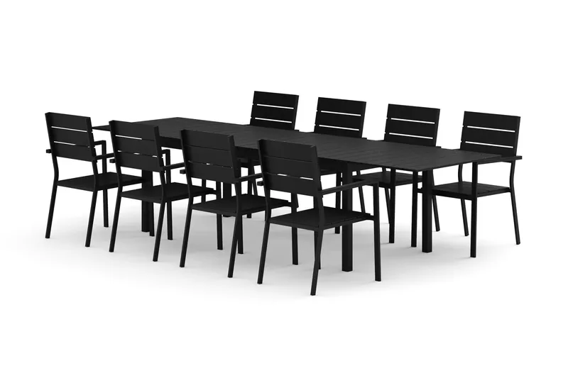 Tunis udendørs spisegruppe udtrækkelig 205/305x90 cm med 8 Tunis stabelstole - Sort/Sort - Havemøbler - Udendørsgruppe - Havesæt