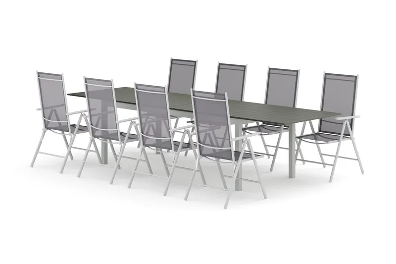 Tunis udendørs udtrækkelig spisegruppe 205/305x90 cm med 8 Maggie positionsstole - Hvid/Grå - Havemøbler - Udendørsgruppe - Havesæt