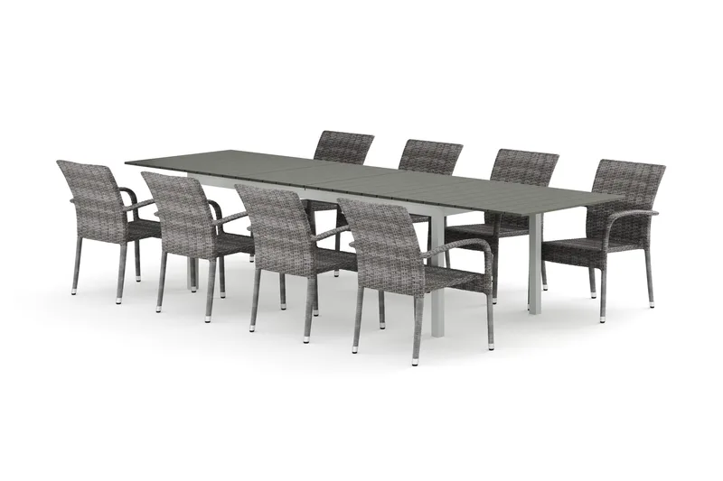 Tunis udendørs udtrækkelig spisegruppe 205/305x90 cm med 8 Thor Light udendørslænestole, Hvid/Grå