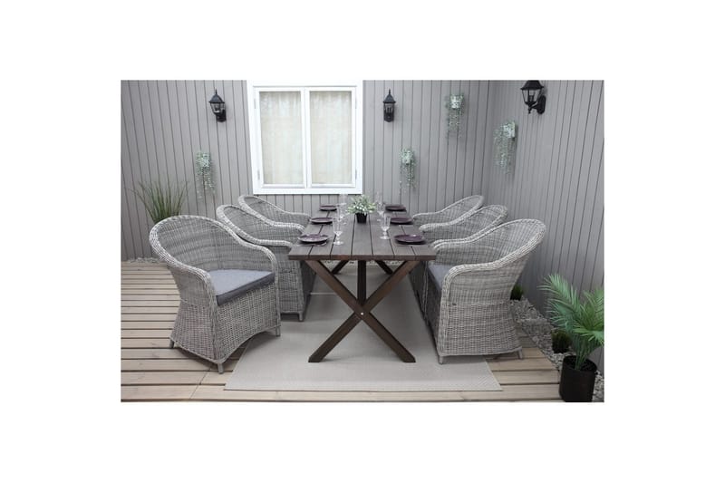 Udendørs møbelgruppe 190 cm Bord & 6 Belize grå stole Brun - Brun - Havemøbler - Udendørsgruppe - Havesæt