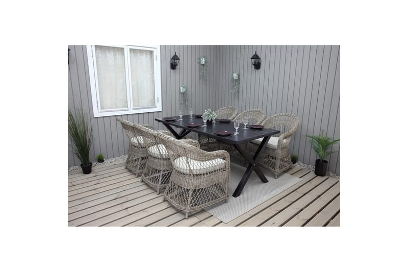 Udendørs møbelgruppe 190 cm Bord & 6 Merida naturlige stole Sort - Sort - Havemøbler - Udendørsgruppe - Havesæt
