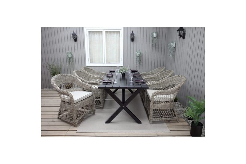 Udendørs møbelgruppe 190 cm Bord & 6 Merida naturlige stole Sort - Sort - Havemøbler - Udendørsgruppe - Havesæt