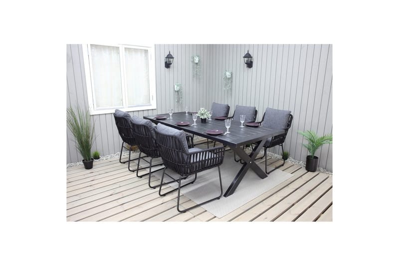 Udendørs møbelgruppe 220 cm Bord & 6 Levanto grå stole Sort - Sort - Havemøbler - Udendørsgruppe - Havesæt