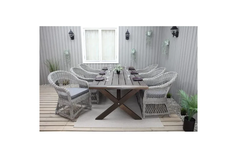 Udendørs møbelgruppe 220 cm bord & 6 Merida grå stole Brun - Brun - Havemøbler - Udendørsgruppe - Havesæt