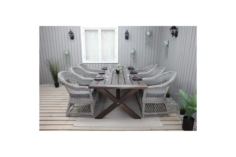Udendørs møbelgruppe 220 cm bord & 6 Merida grå stole Brun - Brun - Havemøbler - Udendørsgruppe - Havesæt