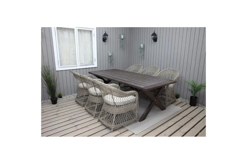 Udendørs møbelgruppe 220 cm bord & 6 Merida naturlig stole Brun - Brun - Havemøbler - Udendørsgruppe - Havesæt