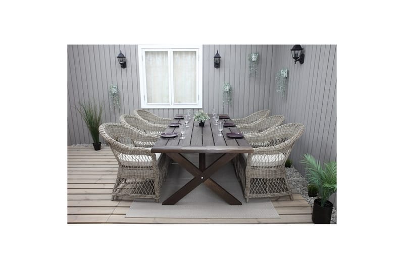 Udendørs møbelgruppe 220 cm bord & 6 Merida naturlig stole Brun - Brun - Havemøbler - Udendørsgruppe - Havesæt