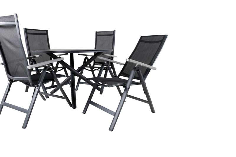Udendørs spisegruppe Alma spisebord - sort alu - ø120 cm + Albany Light 5-pos. - sort / sort textilene og grå teak_4 Sort/Grå - Havemøbler - Udendørsgruppe - Havesæt