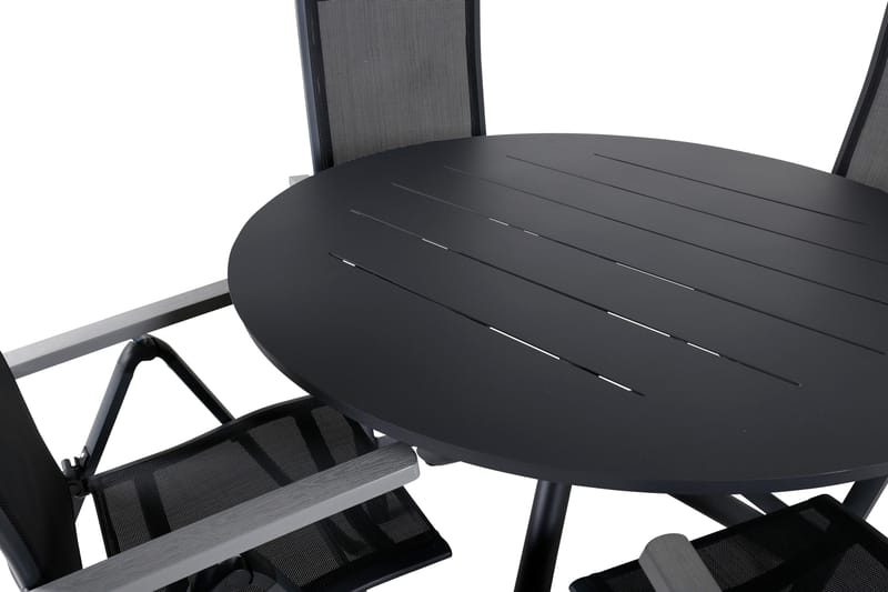 Udendørs spisegruppe Alma spisebord - sort alu - ø120 cm + Albany Light 5-pos. - sort / sort textilene og grå teak_4 Sort/Grå - Havemøbler - Udendørsgruppe - Havesæt