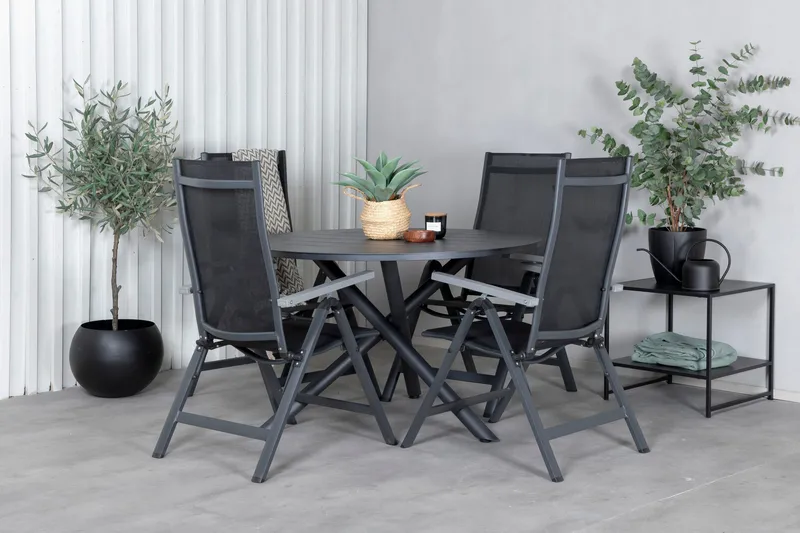 Udendørs spisegruppe Alma spisebord - sort alu - ø120 cm + Albany Light 5-pos. - sort / sort textilene og grå teak_4 Sort/Grå - Havemøbler - Udendørsgruppe - Havesæt