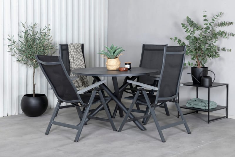 Udendørs spisegruppe Alma spisebord - sort alu - ø120 cm + Albany Light 5-pos. - sort / sort textilene og grå teak_4 Sort/Grå - Havemøbler - Udendørsgruppe - Havesæt