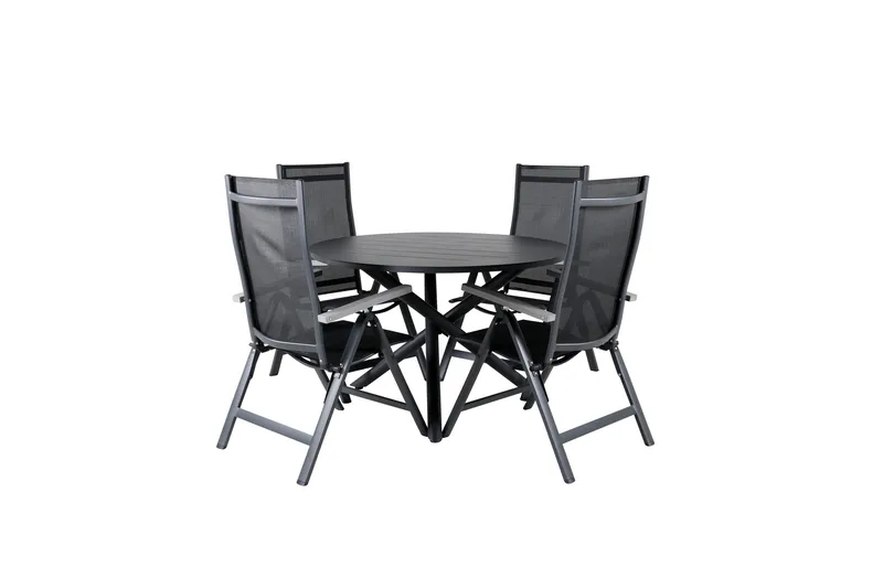 Udendørs spisegruppe Alma spisebord - sort alu - ø120 cm + Albany Light 5-pos. - sort / sort textilene og grå teak_4 Sort/Grå, undefined