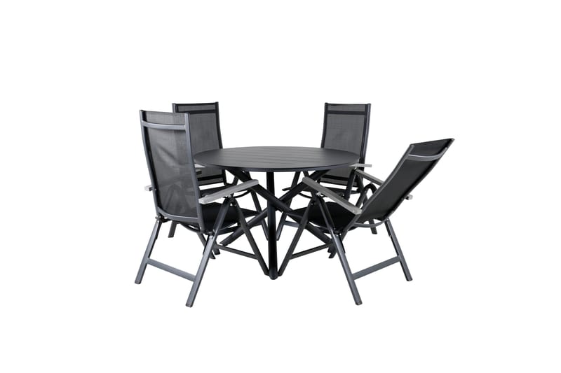 Udendørs spisegruppe Alma spisebord - sort alu - ø120 cm + Albany Light 5-pos. - sort / sort textilene og grå teak_4 Sort/Grå - Havemøbler - Udendørsgruppe - Havesæt