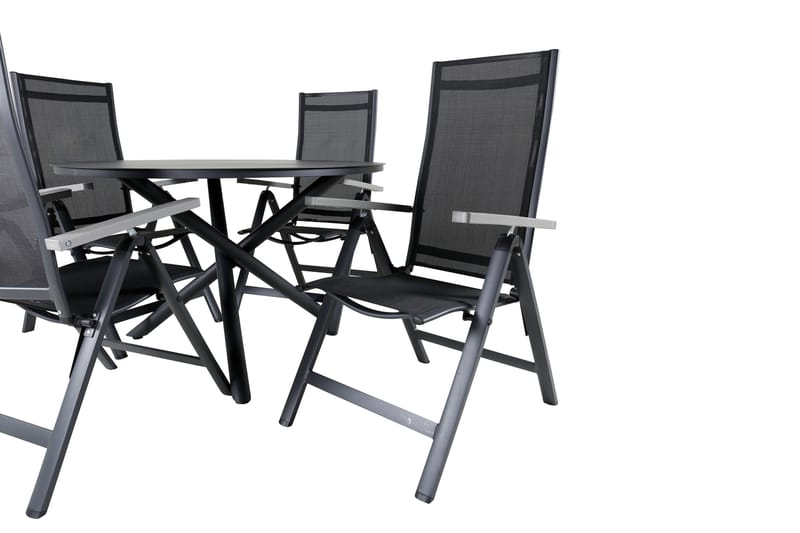 Udendørs spisegruppe Alma spisebord - sort alu - ø120 cm + Albany Light 5-pos. - sort / sort textilene og grå teak_4 Sort/Grå - Havemøbler - Udendørsgruppe - Havesæt