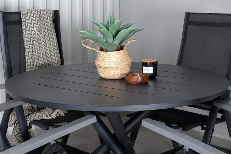 Udendørs spisegruppe Alma spisebord - sort alu - ø120 cm + Albany Light 5-pos. - sort / sort textilene og grå teak_4 Sort/Grå - Havemøbler - Udendørsgruppe - Havesæt
