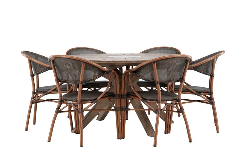Udendørs spisegruppe Rosario spisebord - teak Ø140 +Vila Real caféstol 2-pak - brun/sort _6 Brun - Havemøbler - Udendørsgruppe - Havesæt