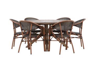Udendørs spisegruppe Rosario spisebord - teak Ø140 +Vila Real caféstol 2-pak - brun/sort _6 Brun - Havemøbler - Udendørsgruppe - Havesæt