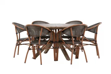Udendørs spisegruppe Rosario spisebord - teak Ø140 +Vila Real caféstol 2-pak - brun/sort _6 Brun - Havemøbler - Udendørsgruppe - Havesæt