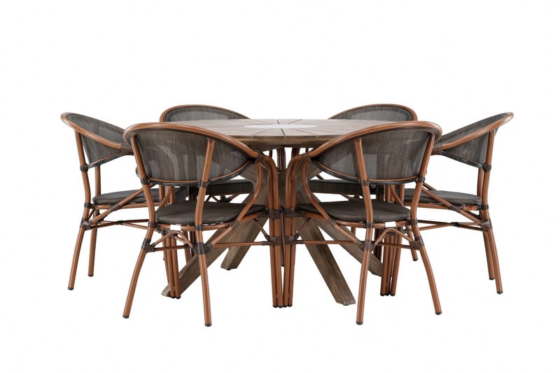 Udendørs spisegruppe Rosario spisebord - teak Ø140 +Vila Real caféstol 2-pak - brun/sort _6 Brun - Havemøbler - Udendørsgruppe - Havesæt