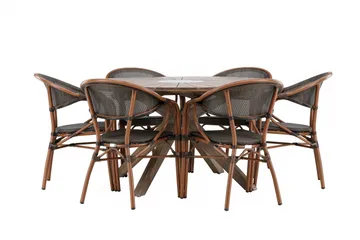 Udendørs spisegruppe Rosario spisebord - teak Ø140 +Vila Real caféstol 2-pak - brun/sort _6 Brun - Havemøbler - Udendørsgruppe - Havesæt