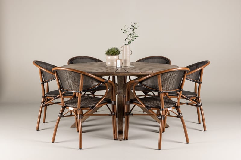 Udendørs spisegruppe Rosario spisebord - teak Ø140 +Vila Real caféstol 2-pak - brun/sort _6 Brun - Havemøbler - Udendørsgruppe - Havesæt