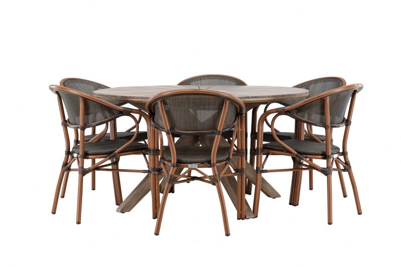 Udendørs spisegruppe Rosario spisebord - teak Ø140 +Vila Real caféstol 2-pak - brun/sort _6 Brun - Havemøbler - Udendørsgruppe - Havesæt