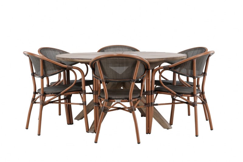 Udendørs spisegruppe Rosario spisebord - teak Ø140 +Vila Real caféstol 2-pak - brun/sort _6 Brun - Havemøbler - Udendørsgruppe - Havesæt