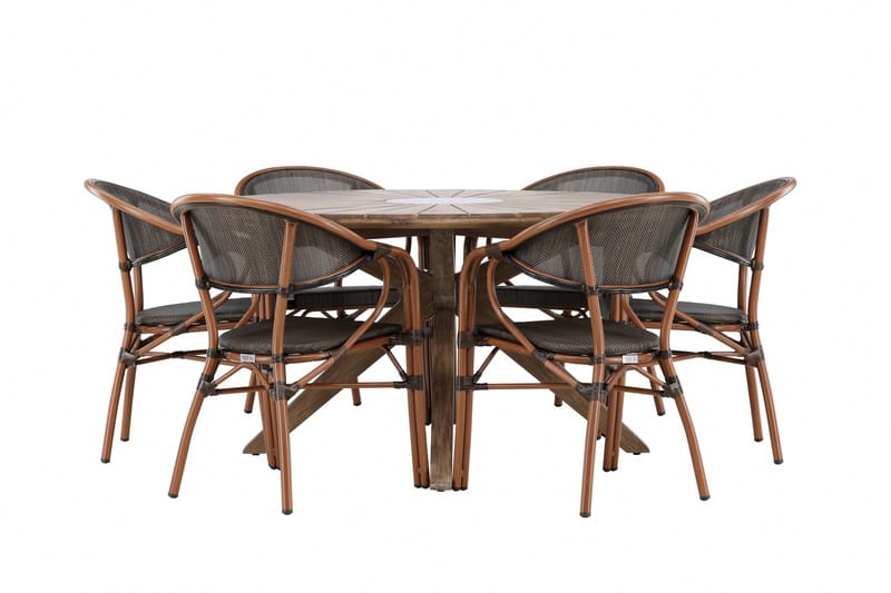 Udendørs spisegruppe Rosario spisebord - teak Ø140 +Vila Real caféstol 2-pak - brun/sort _6 Brun - Havemøbler - Udendørsgruppe - Havesæt