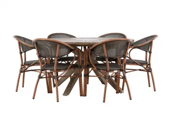 Udendørs spisegruppe Rosario spisebord - teak Ø140 +Vila Real caféstol 2-pak - brun/sort _6 Brun - Havemøbler - Udendørsgruppe - Havesæt