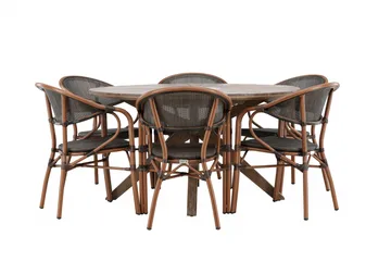Udendørs spisegruppe Rosario spisebord - teak Ø140 +Vila Real caféstol 2-pak - brun/sort _6 Brun - Havemøbler - Udendørsgruppe - Havesæt