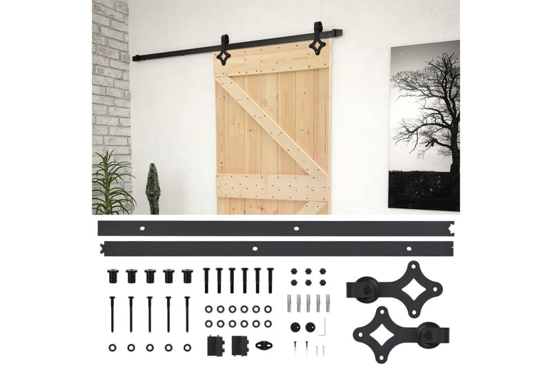 skydedør med monteringssæt 90x210 cm massivt fyrretræ - Brun - Skydedøre