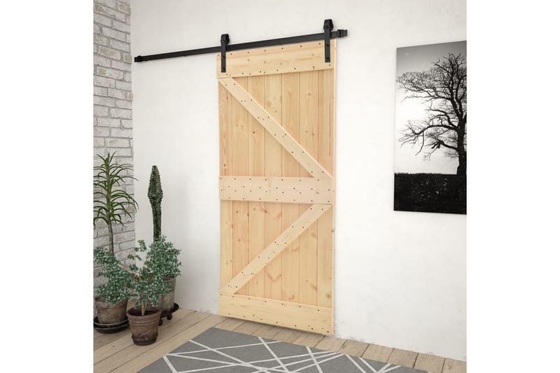 skydedør med monteringssæt 90x210 cm massivt fyrretræ - Brun - Hus & renovering - Byggeri - Dørre & porte - Skydedøre