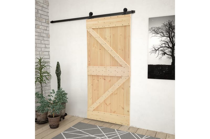 skydedør med monteringssæt 90x210 cm massivt fyrretræ - Brun - Hus & renovering - Byggeri - Dørre & porte - Skydedøre