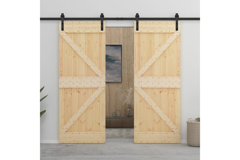 skydedør med monteringssæt 90x210 cm massivt fyrretræ - Brun - Hus & renovering - Byggeri - Dørre & porte - Skydedøre