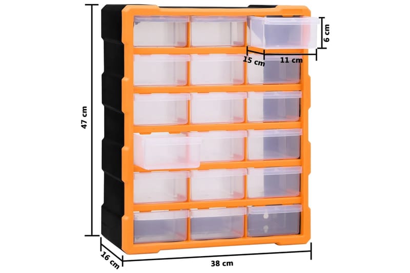 skuffereol med 18 skuffer 38x16x47 cm - Orange - Sortimentkasse - Garageinteriør & garageopbevaring