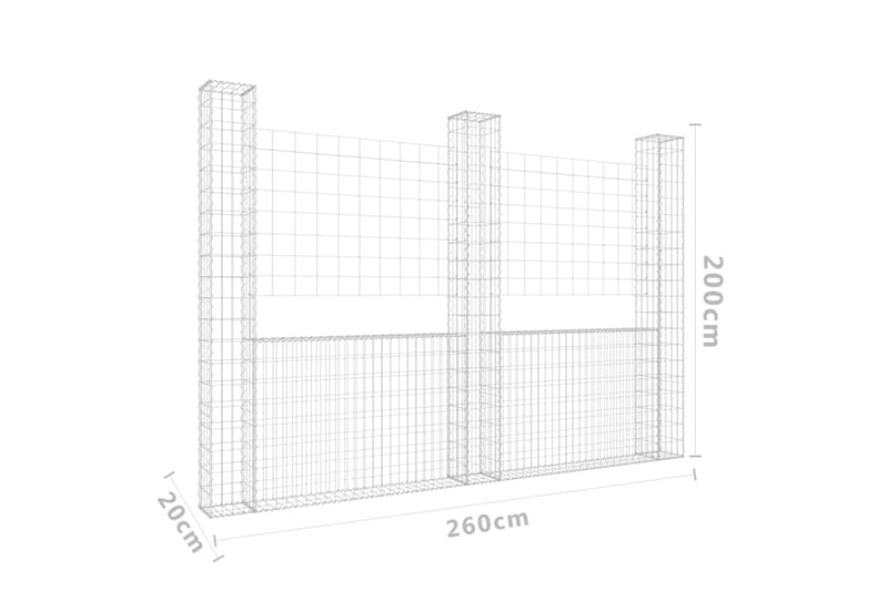 gabionkurv med 3 stolper 260x20x200 cm U-facon jern - Sølv - Gabion