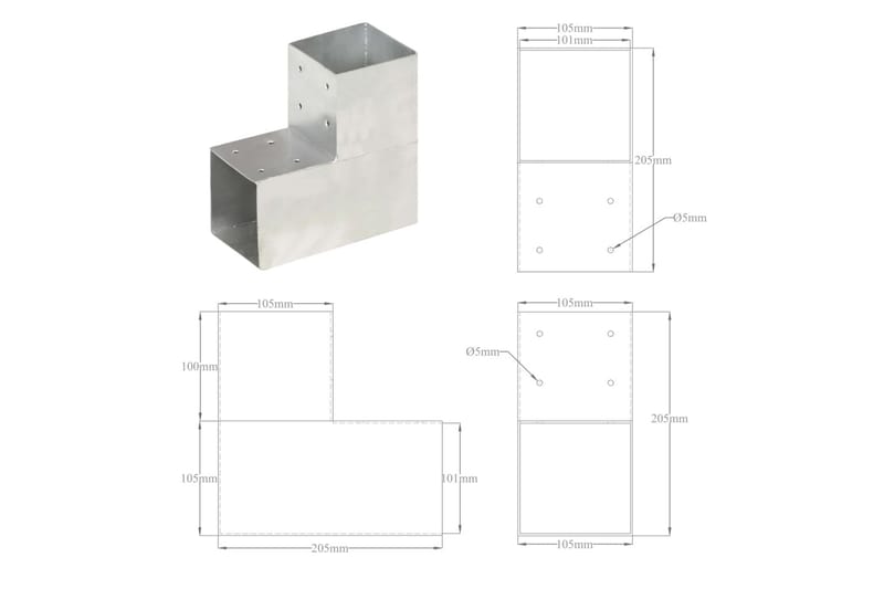 stolpebeslag L-form 4 stk. 101x101 mm galvaniseret metal - Sølv - Stakitstolper