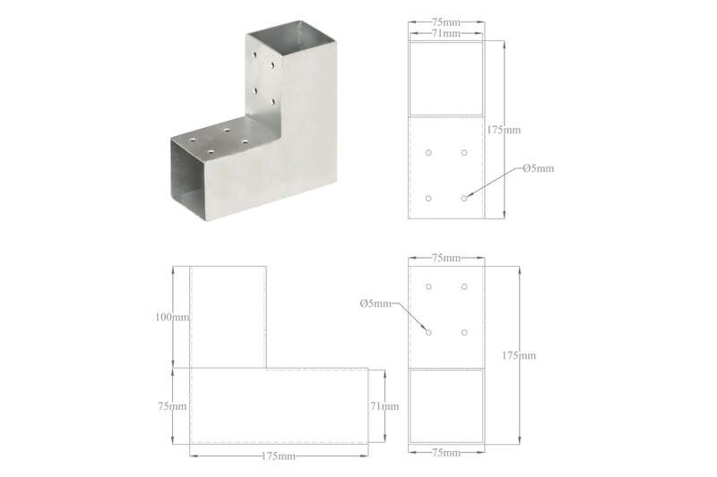 stolpebeslag L-form 4 stk. 71x71 mm galvaniseret metal - Sølv - Stakitstolper
