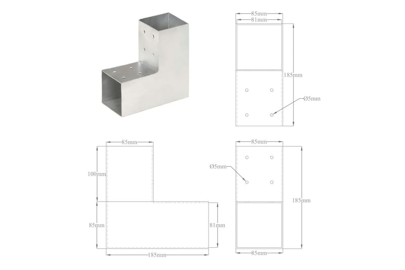 stolpebeslag L-form 4 stk. 81x81 mm galvaniseret metal - Sølv - Stakitstolper